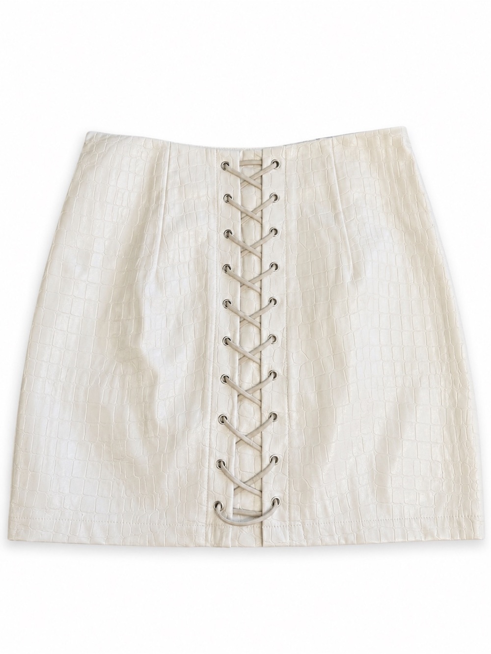 Ivory Croc Embossed Lace Up Mini Skirt